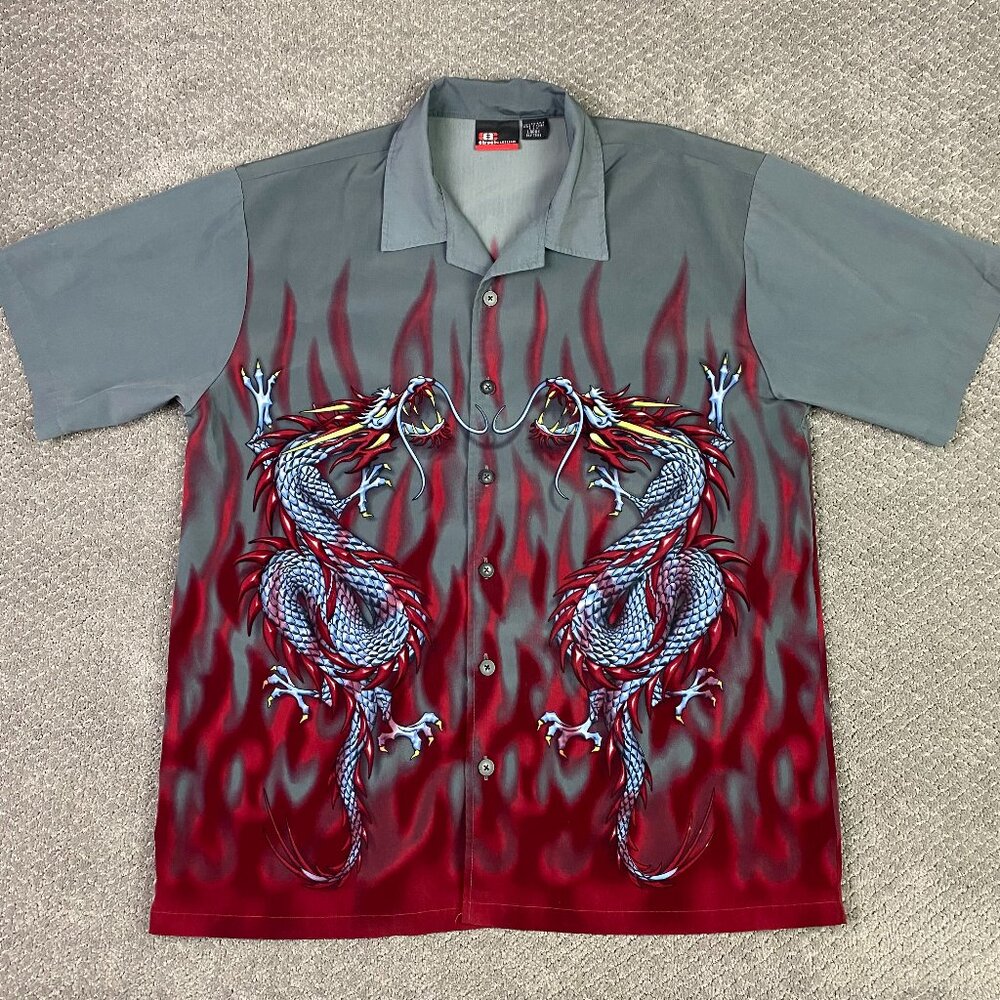 Vintage Street Culture Dragon Shirt Large Button Up Hawaiian All Over Print